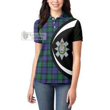 Black Watch Modern Tartan Women's Polo Shirt with Family Crest Circle Style