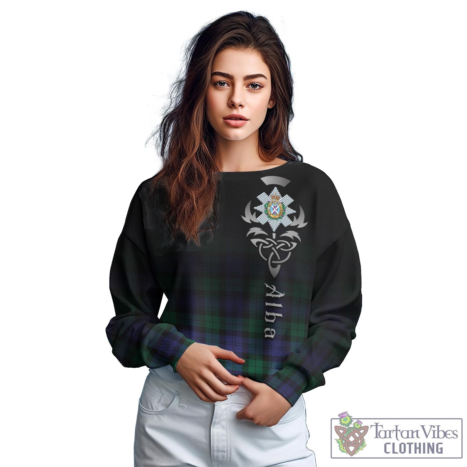 Tartan Vibes Clothing Black Watch Modern Tartan Sweatshirt Featuring Alba Gu Brath Family Crest Celtic Inspired