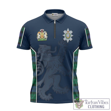 Black Watch Modern Tartan Zipper Polo Shirt with Family Crest and Lion Rampant Vibes Sport Style