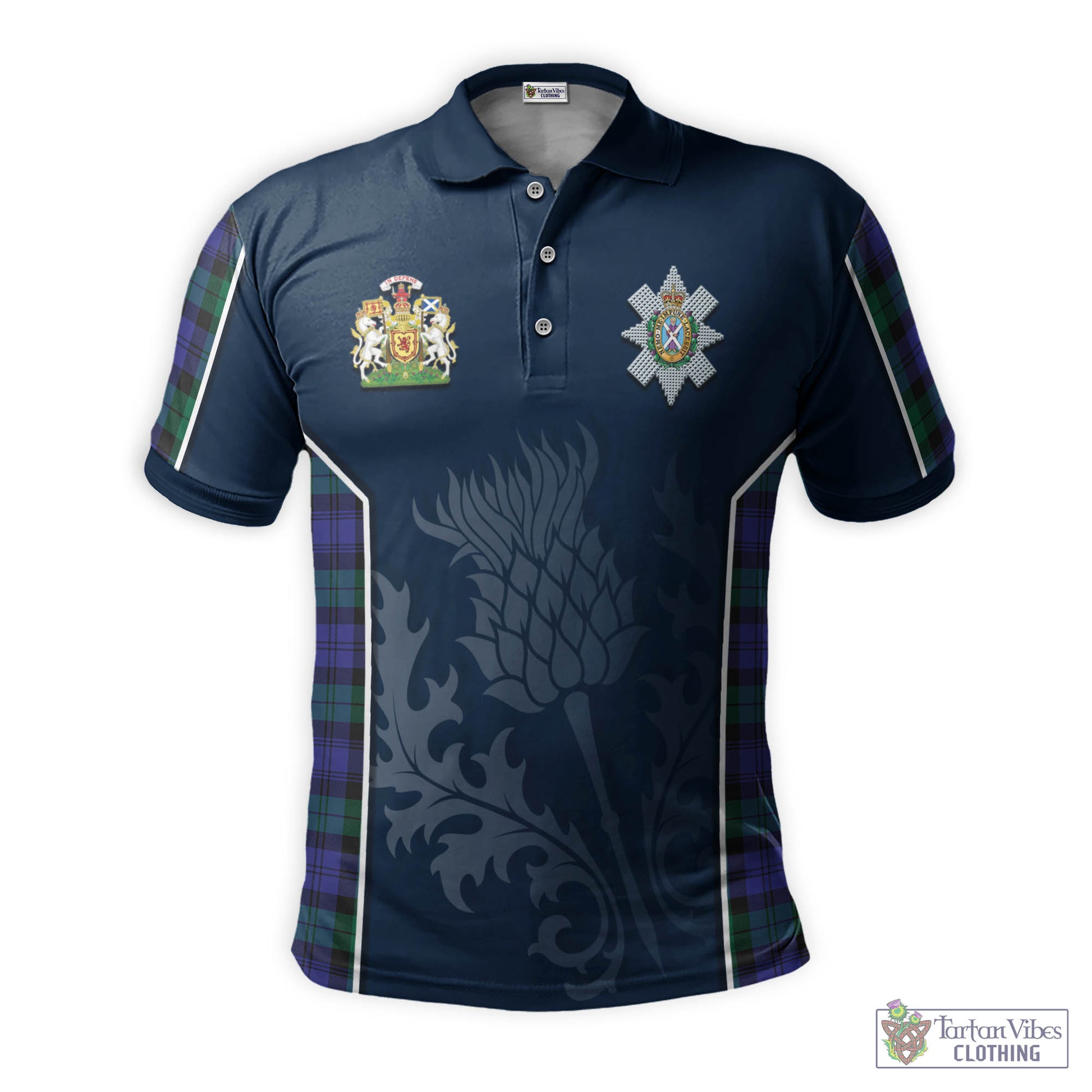 Tartan Vibes Clothing Black Watch Modern Tartan Men's Polo Shirt with Family Crest and Scottish Thistle Vibes Sport Style