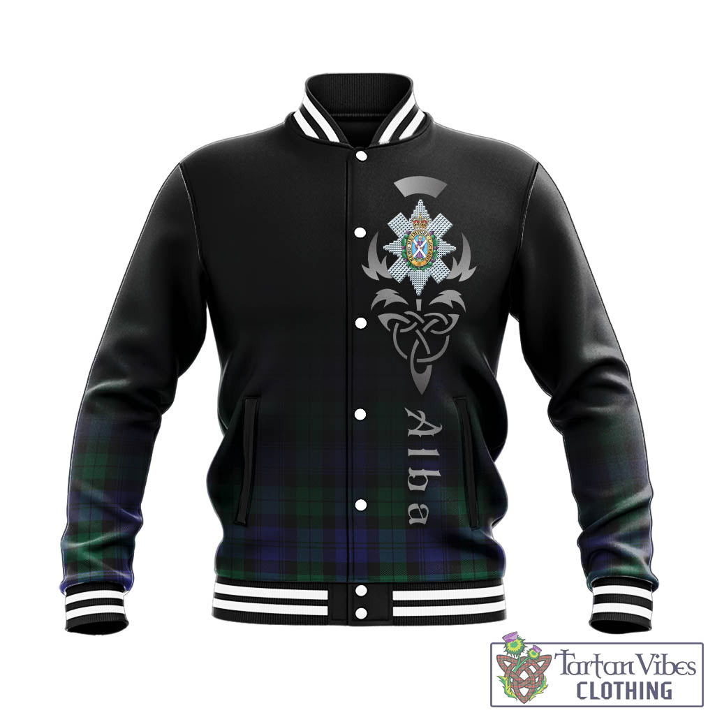 Tartan Vibes Clothing Black Watch Modern Tartan Baseball Jacket Featuring Alba Gu Brath Family Crest Celtic Inspired