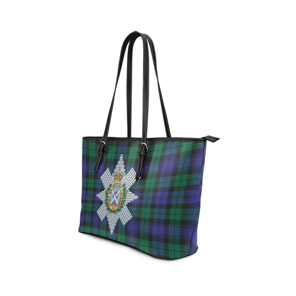 Black Watch Modern Tartan Leather Tote Bag with Family Crest - Tartanvibesclothing