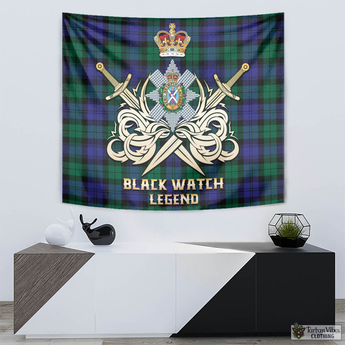 Tartan Vibes Clothing Black Watch Modern Tartan Tapestry with Clan Crest and the Golden Sword of Courageous Legacy