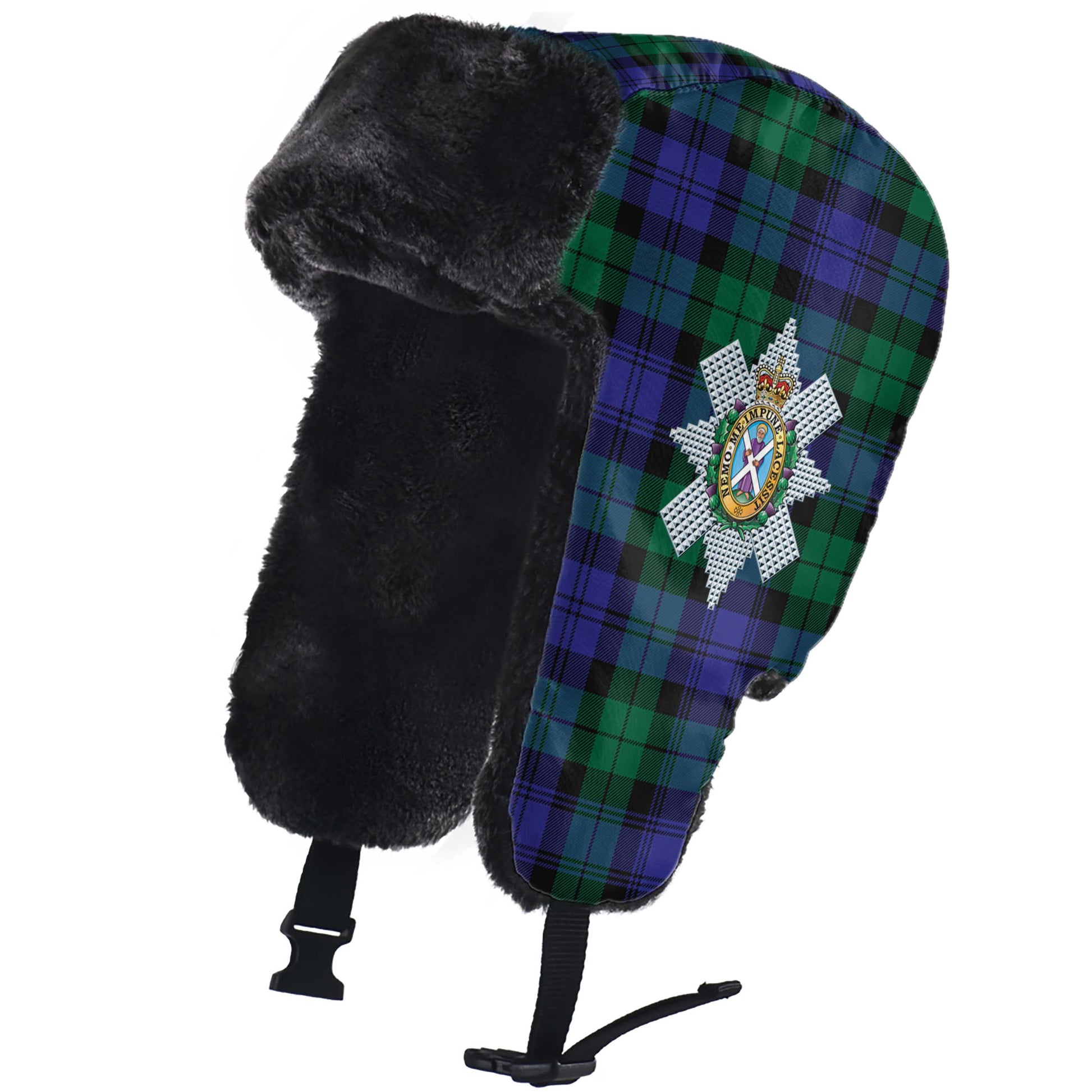 Black Watch Modern Tartan Winter Trapper Hat with Family Crest - Tartanvibesclothing