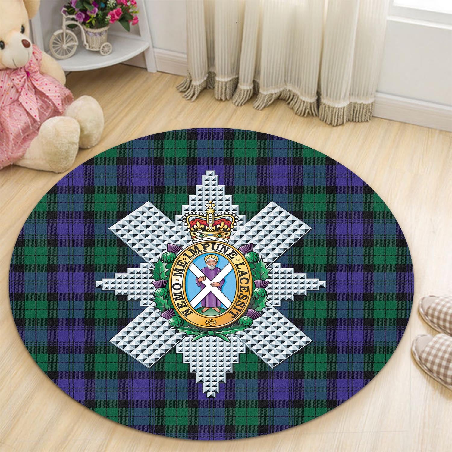 Black Watch Modern Tartan Round Rug with Family Crest - Tartanvibesclothing