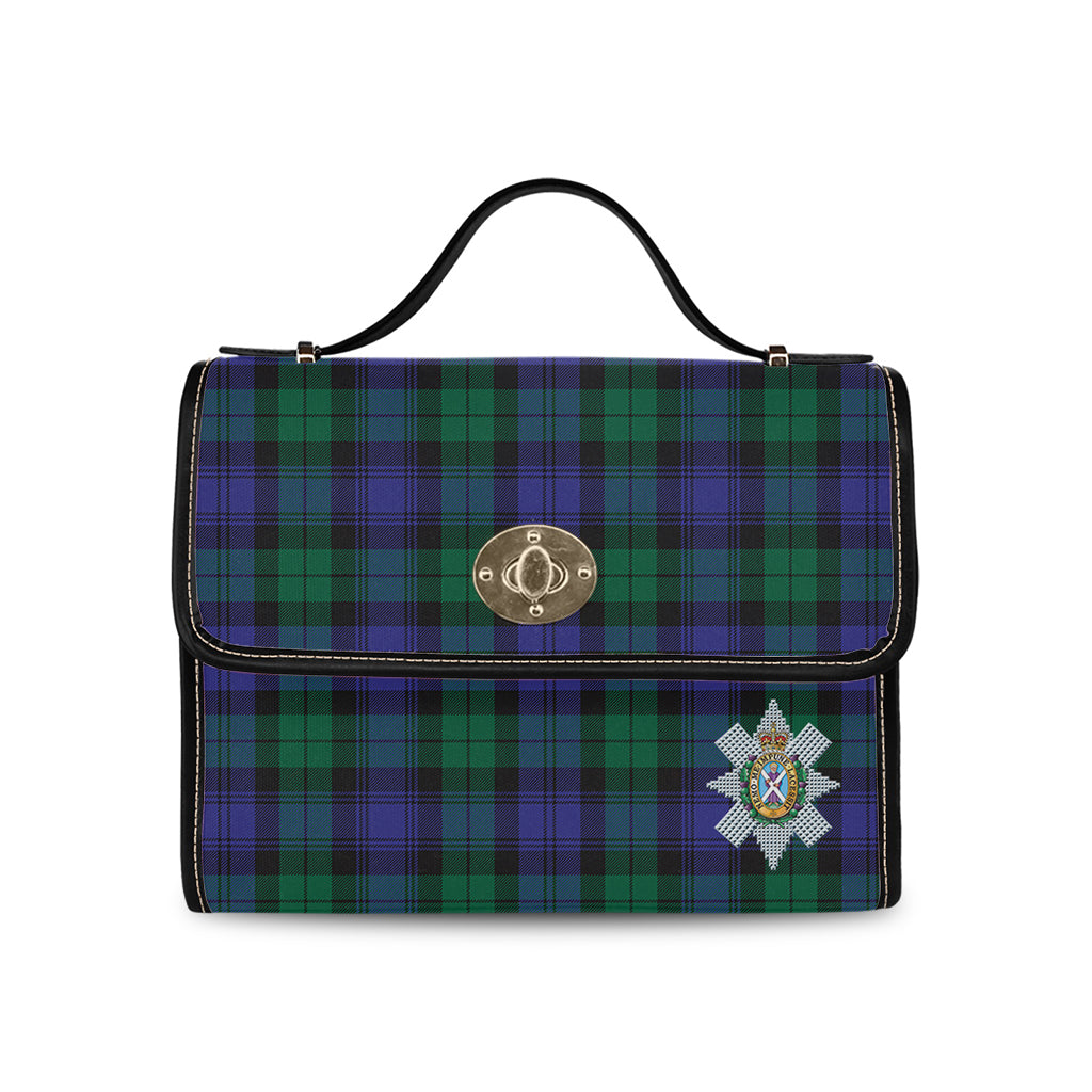 Black Watch Modern Tartan Leather Strap Waterproof Canvas Bag with Family Crest - Tartanvibesclothing