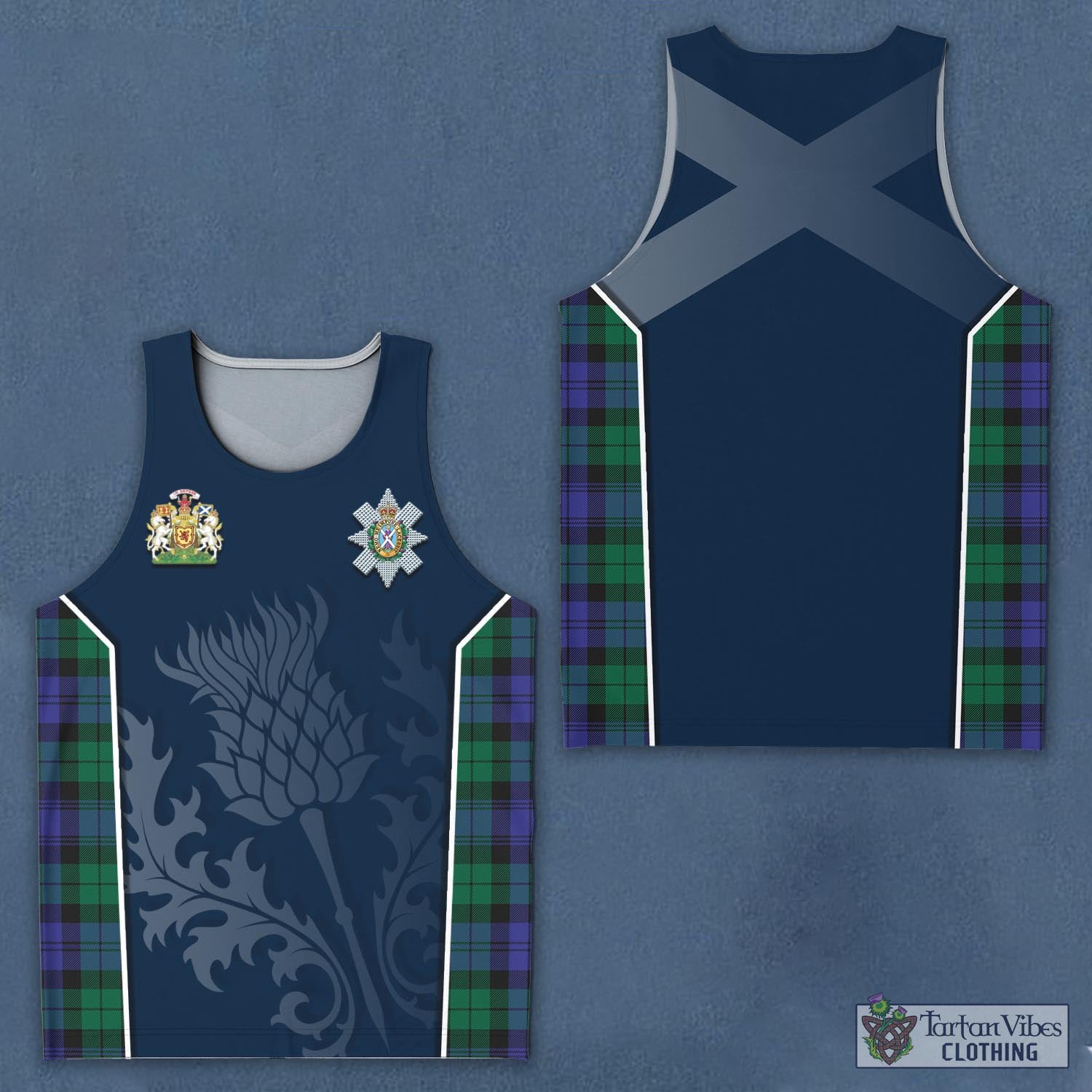 Tartan Vibes Clothing Black Watch Modern Tartan Men's Tanks Top with Family Crest and Scottish Thistle Vibes Sport Style