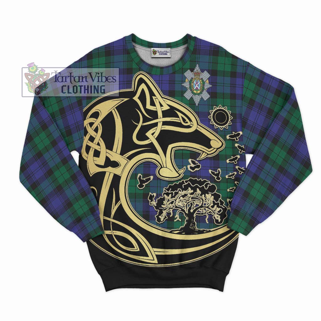 Black Watch Modern Tartan Sweatshirt with Family Crest Celtic Wolf Style - Tartan Vibes Clothing