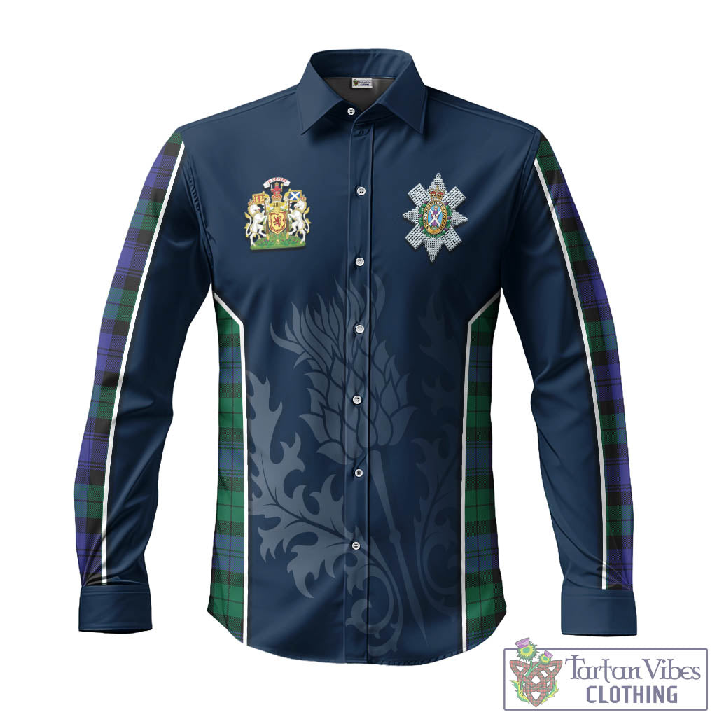 Tartan Vibes Clothing Black Watch Modern Tartan Long Sleeve Button Up Shirt with Family Crest and Scottish Thistle Vibes Sport Style