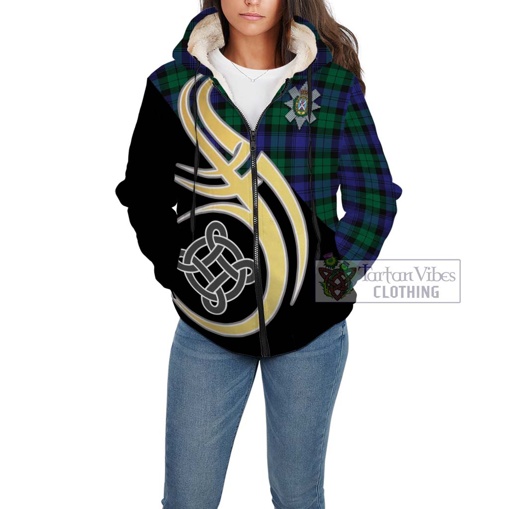 Black Watch Modern Tartan Sherpa Hoodie with Family Crest and Celtic Symbol Style Unisex - Tartan Vibes Clothing