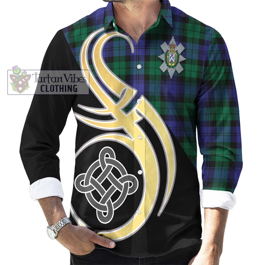 Black Watch Modern Tartan Long Sleeve Button Shirt with Family Crest and Celtic Symbol Style - Tartan Vibes Clothing