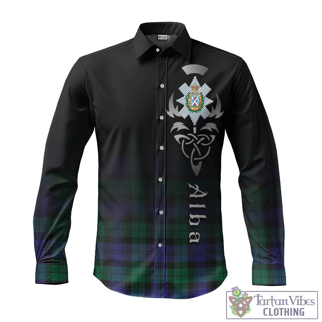 Tartan Vibes Clothing Black Watch Modern Tartan Long Sleeve Button Up Featuring Alba Gu Brath Family Crest Celtic Inspired