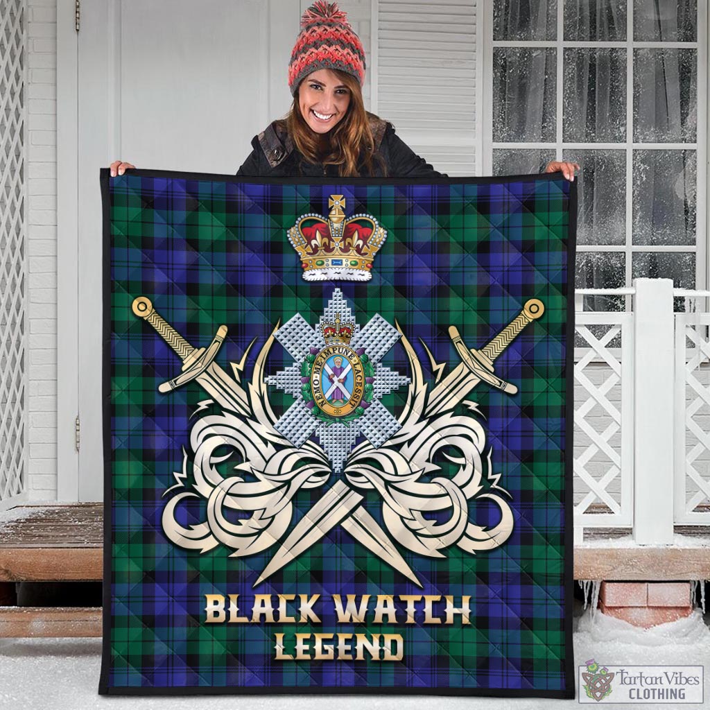 Tartan Vibes Clothing Black Watch Modern Tartan Quilt with Clan Crest and the Golden Sword of Courageous Legacy