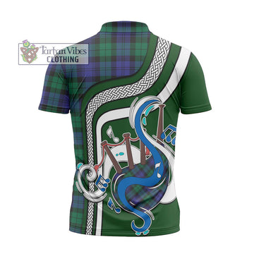 Black Watch Modern Tartan Zipper Polo Shirt with Epic Bagpipe Style