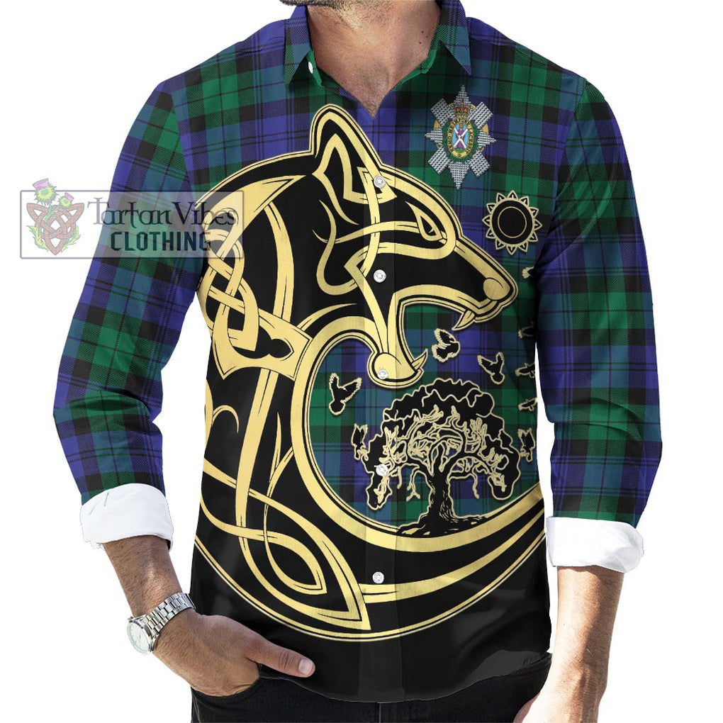 Black Watch Modern Tartan Long Sleeve Button Shirt with Family Crest Celtic Wolf Style - Tartan Vibes Clothing