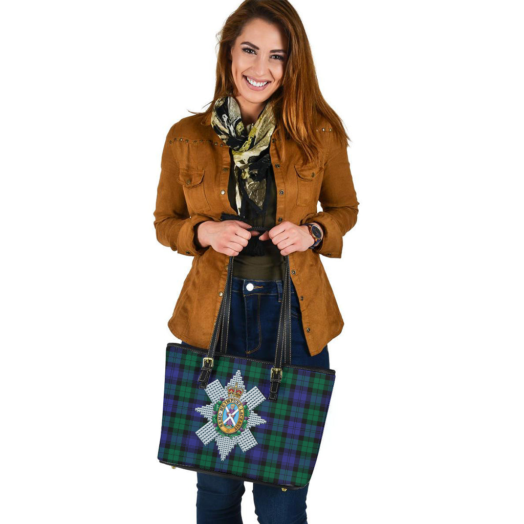 Black Watch Modern Tartan Leather Tote Bag with Family Crest - Tartanvibesclothing