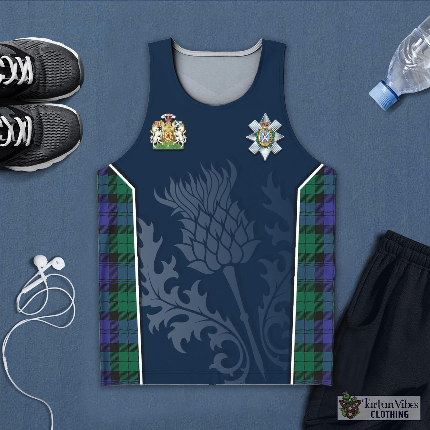 Tartan Vibes Clothing Black Watch Modern Tartan Men's Tanks Top with Family Crest and Scottish Thistle Vibes Sport Style