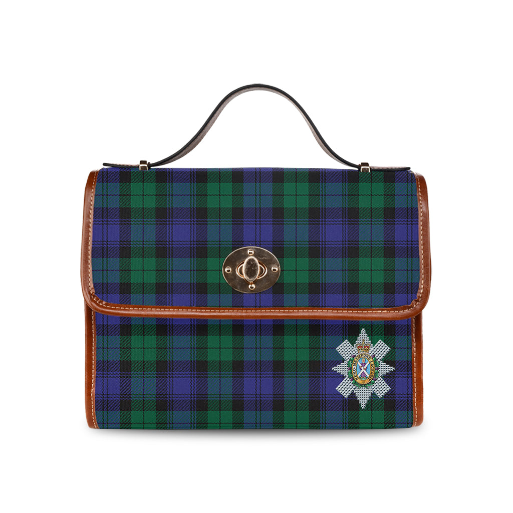 Black Watch Modern Tartan Leather Strap Waterproof Canvas Bag with Family Crest - Tartanvibesclothing