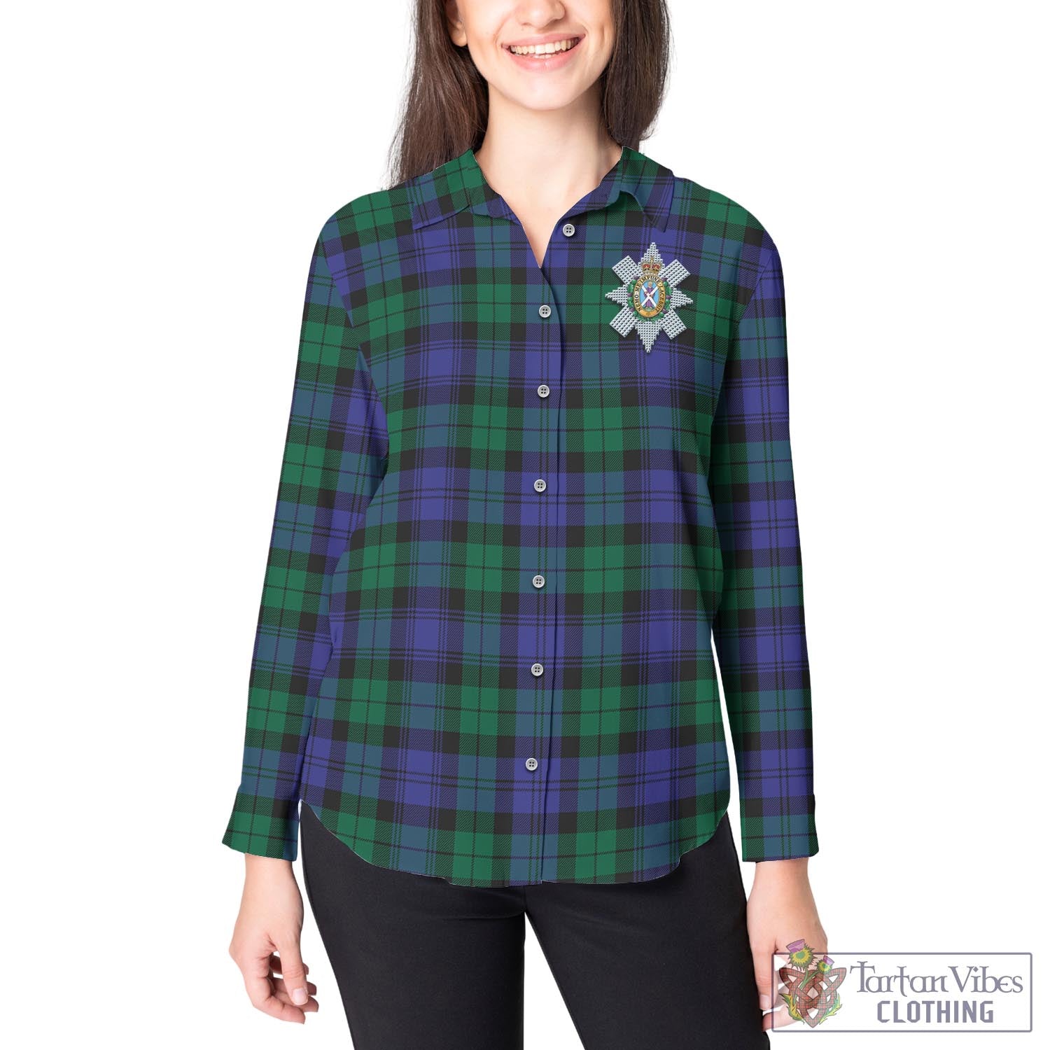 Tartan Vibes Clothing Black Watch Modern Tartan Womens Casual Shirt with Family Crest