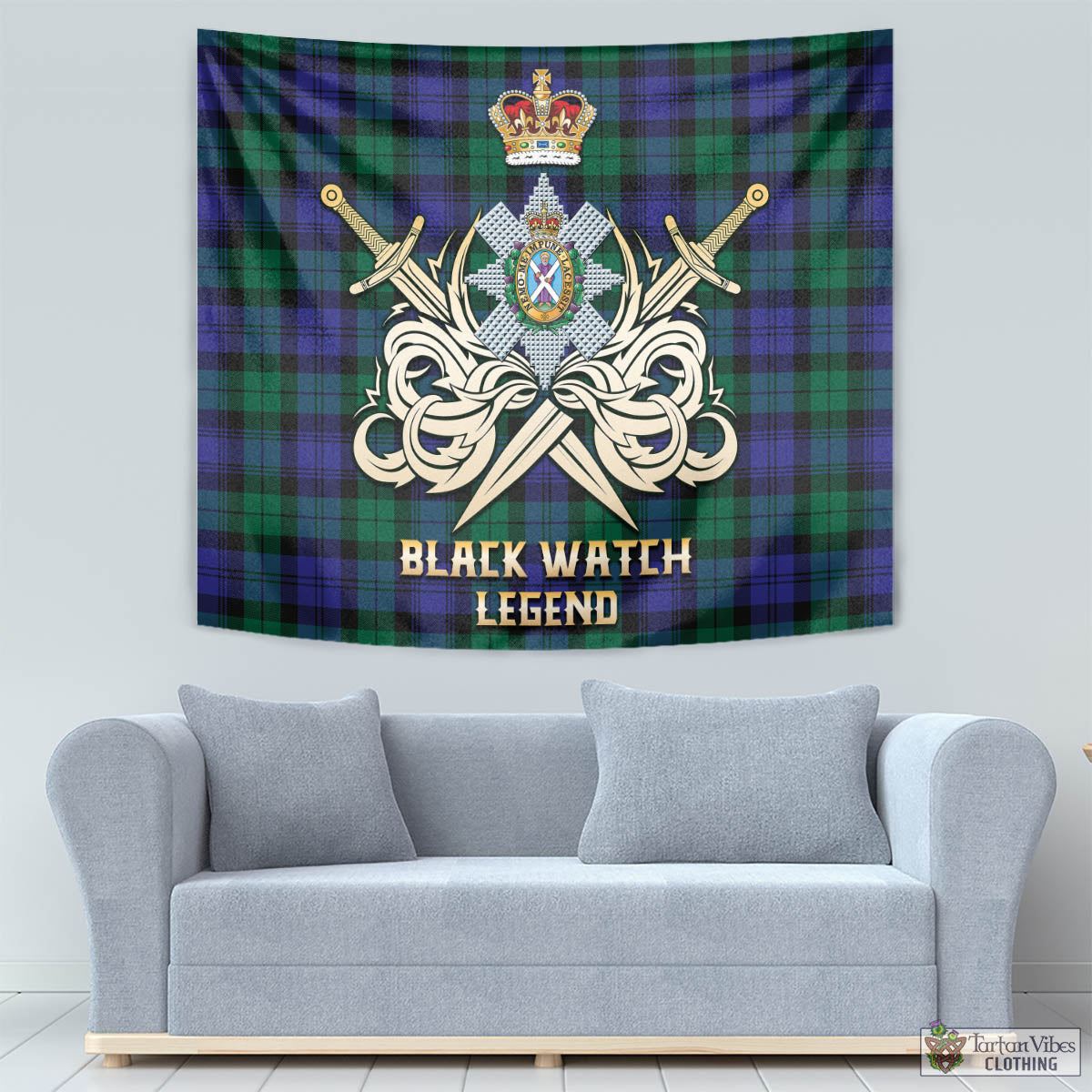 Tartan Vibes Clothing Black Watch Modern Tartan Tapestry with Clan Crest and the Golden Sword of Courageous Legacy