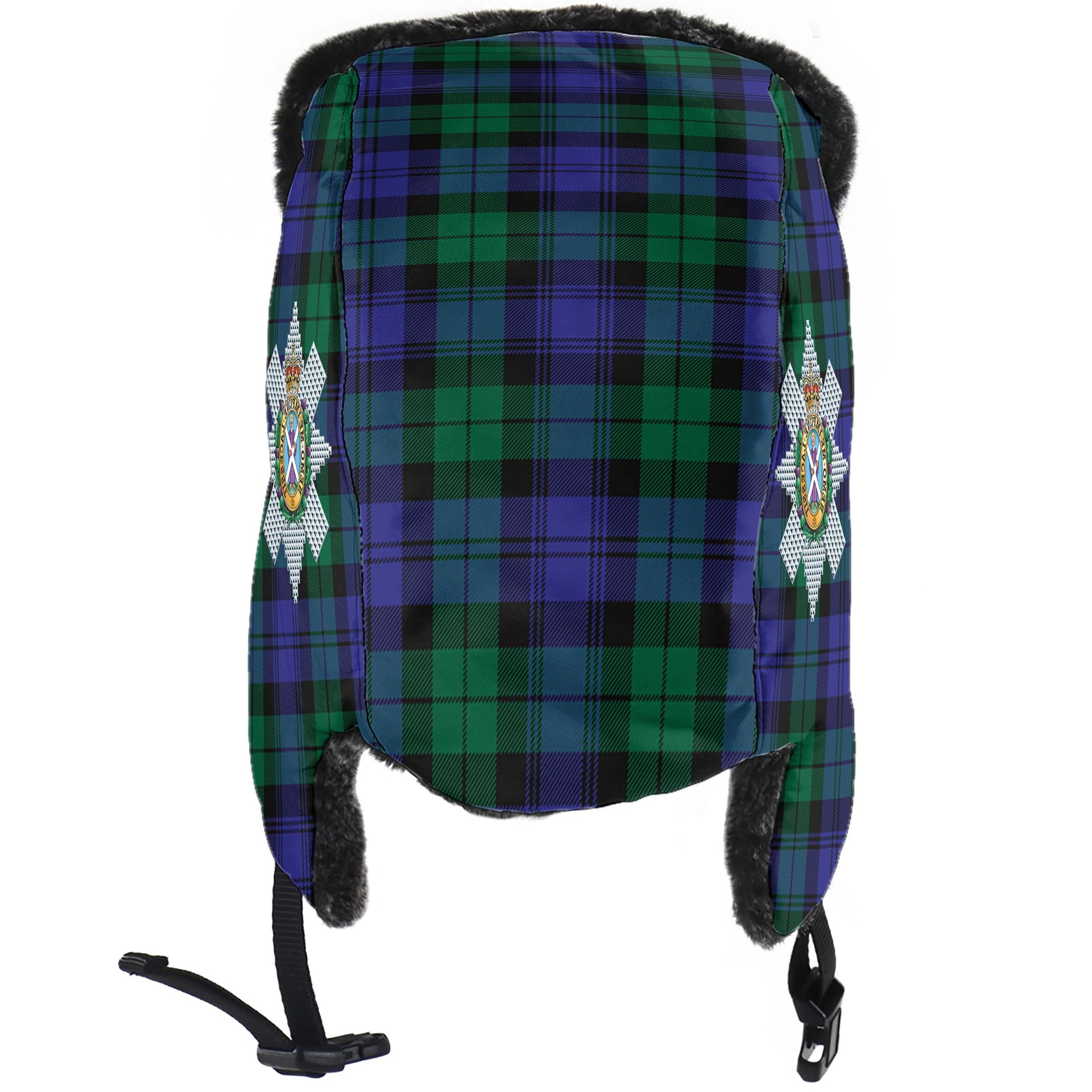 Black Watch Modern Tartan Winter Trapper Hat with Family Crest - Tartanvibesclothing