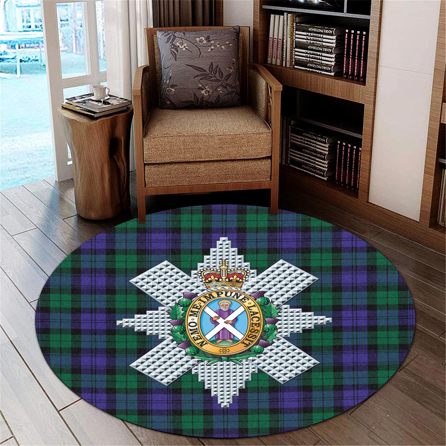 Black Watch Modern Tartan Round Rug with Family Crest - Tartanvibesclothing