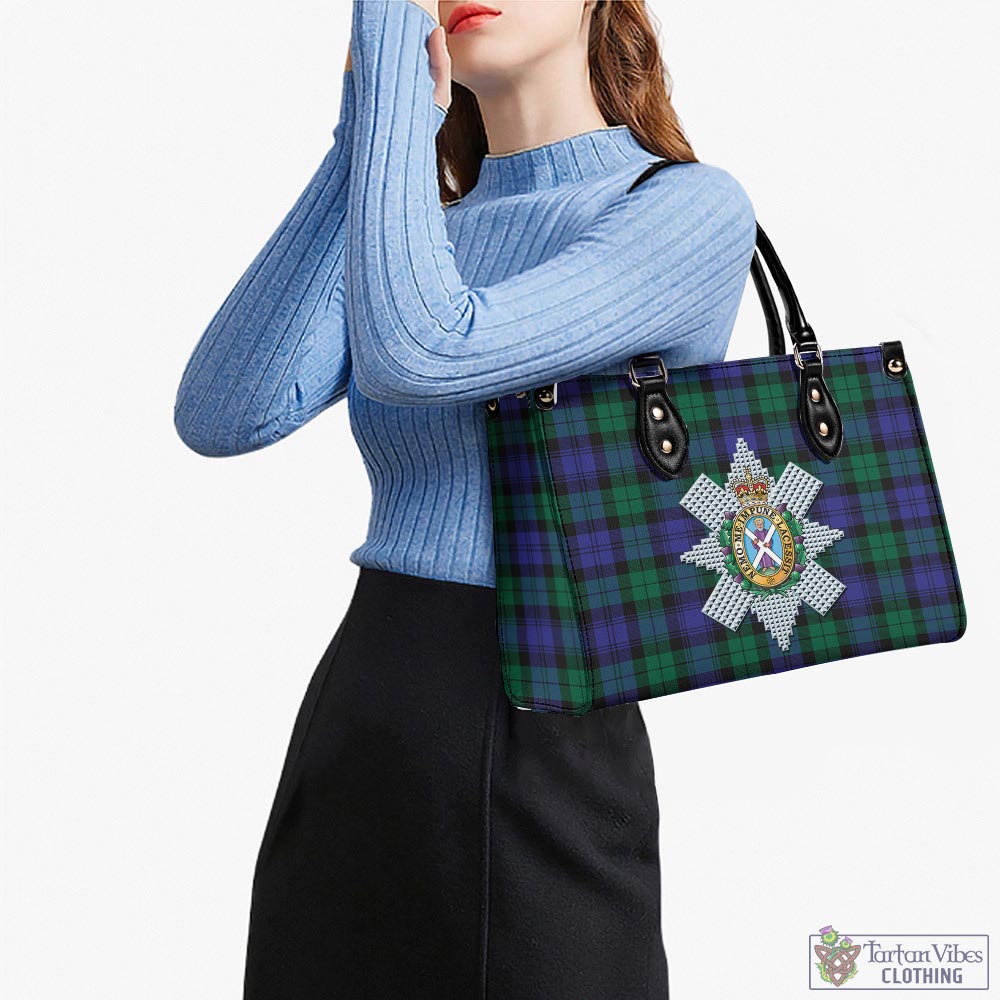 Tartan Vibes Clothing Black Watch Modern Tartan Luxury Leather Handbags with Family Crest