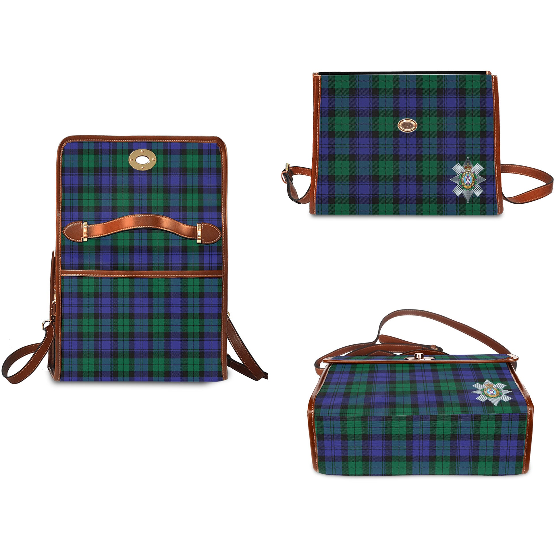 Black Watch Modern Tartan Leather Strap Waterproof Canvas Bag with Family Crest - Tartanvibesclothing