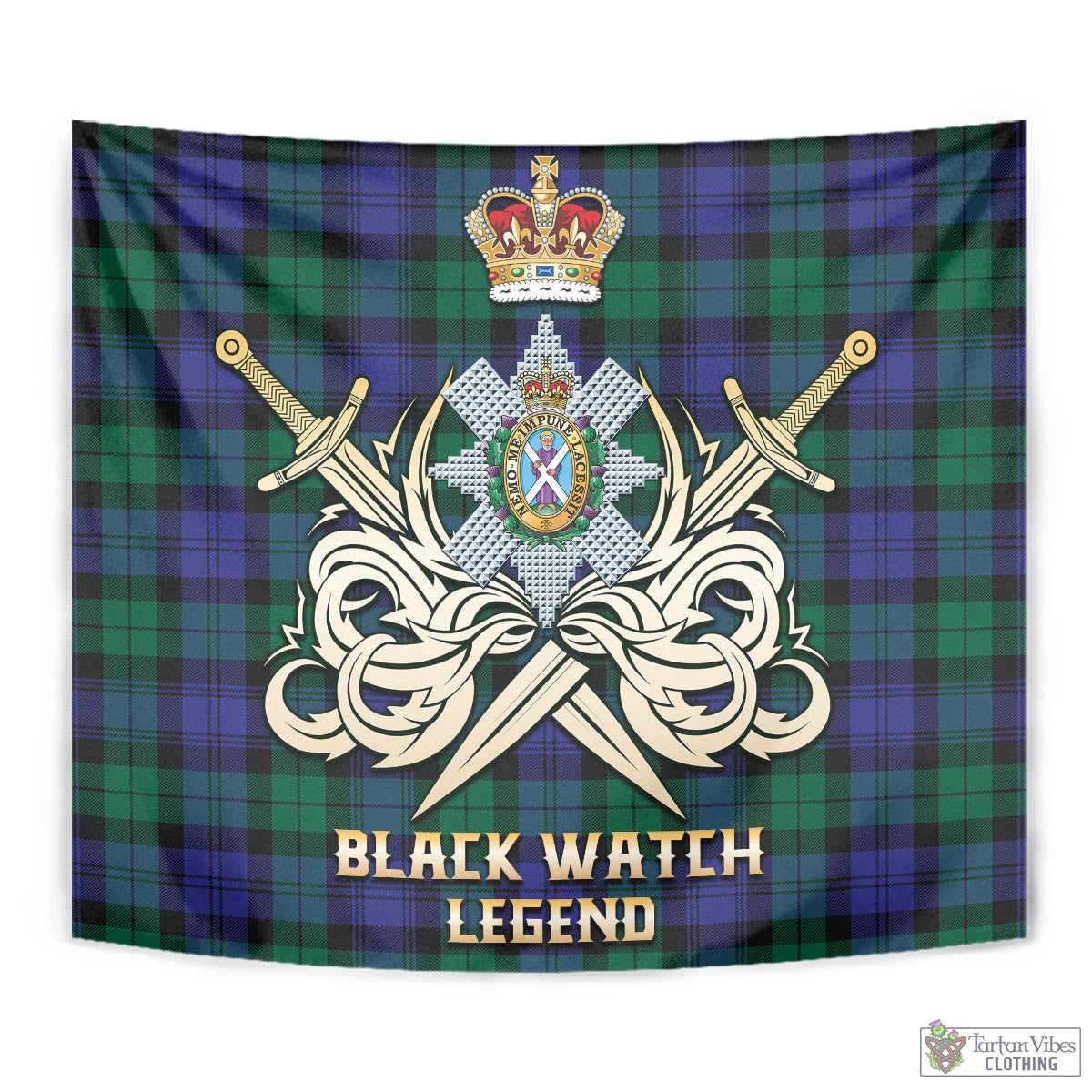 Tartan Vibes Clothing Black Watch Modern Tartan Tapestry with Clan Crest and the Golden Sword of Courageous Legacy