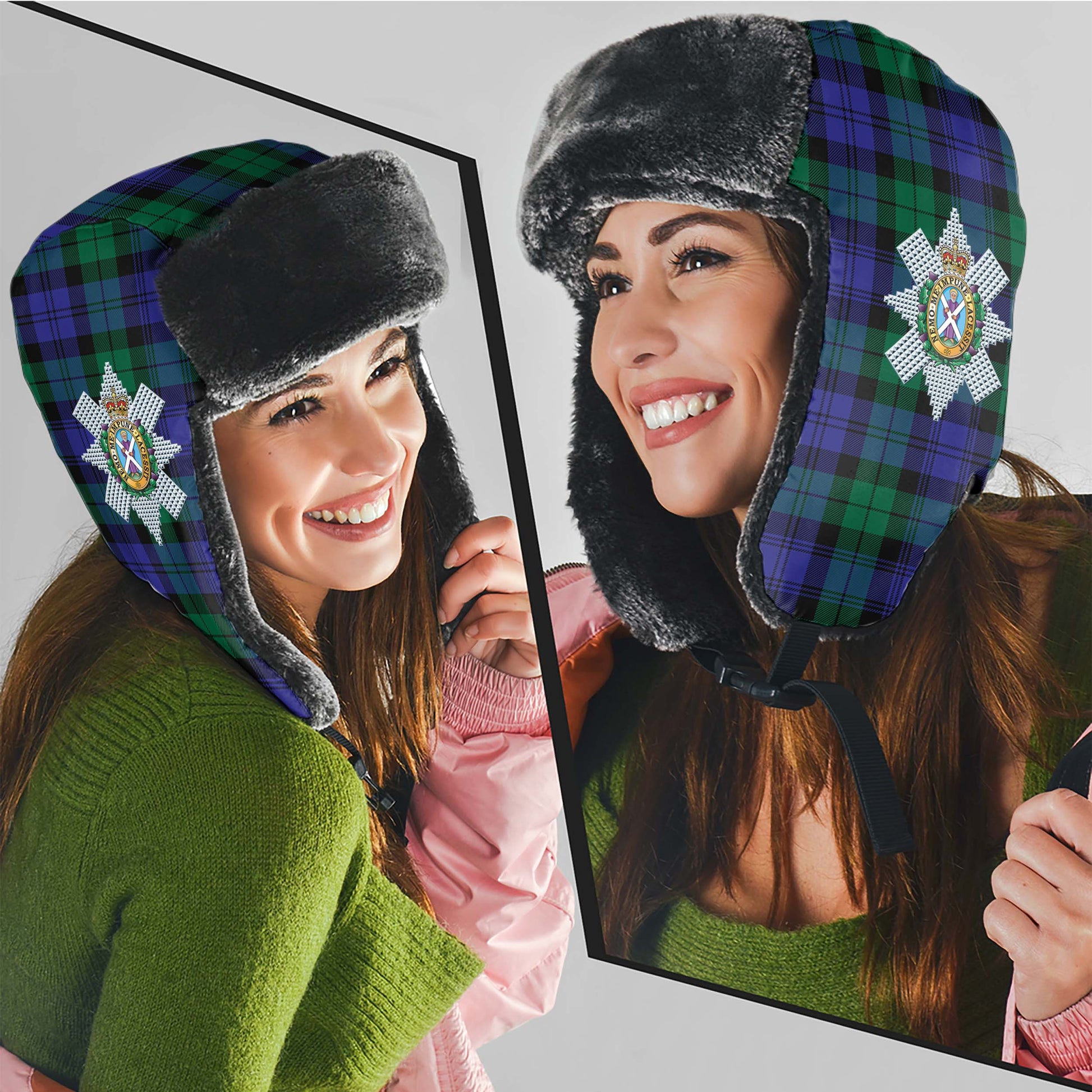 Black Watch Modern Tartan Winter Trapper Hat with Family Crest - Tartanvibesclothing