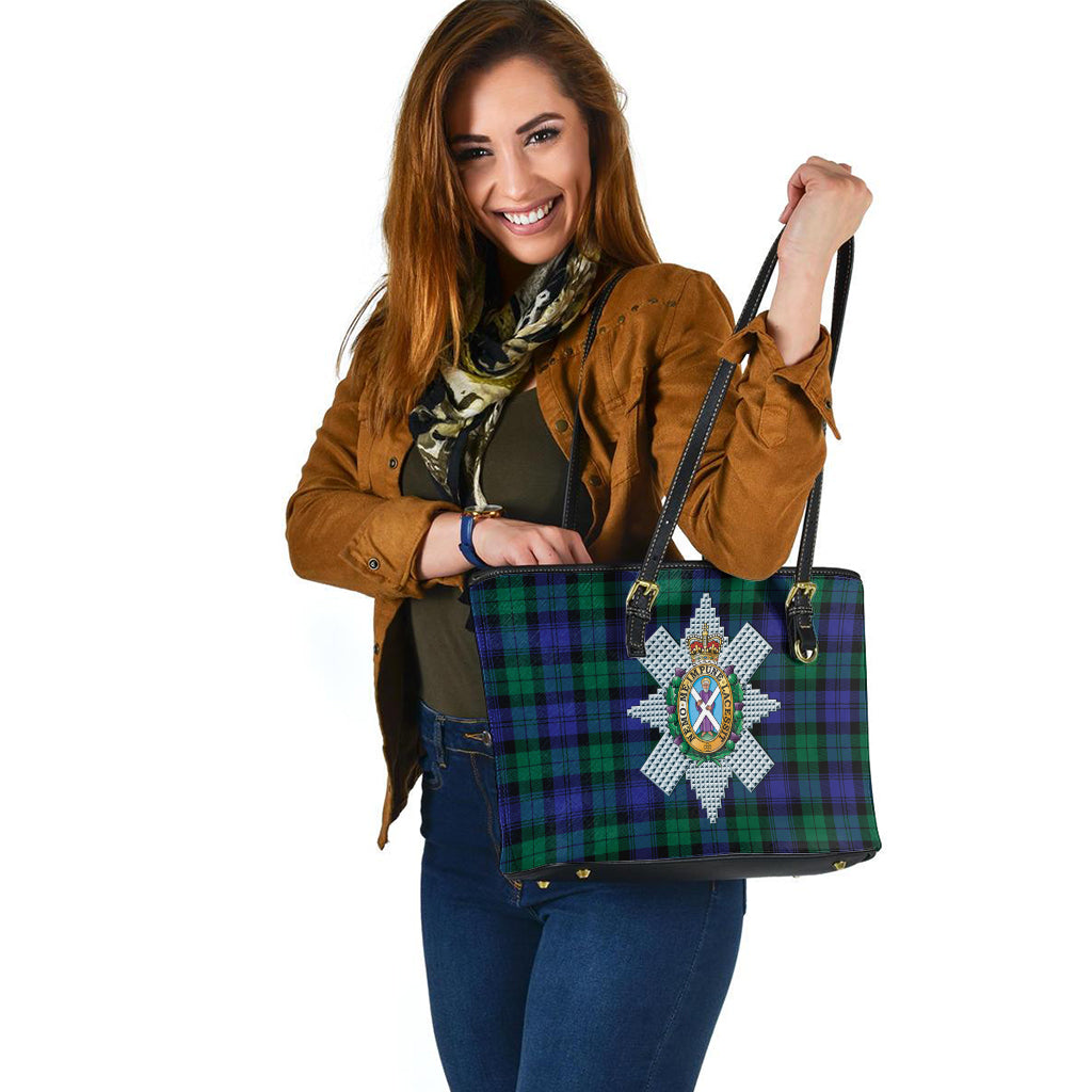 Black Watch Modern Tartan Leather Tote Bag with Family Crest - Tartanvibesclothing