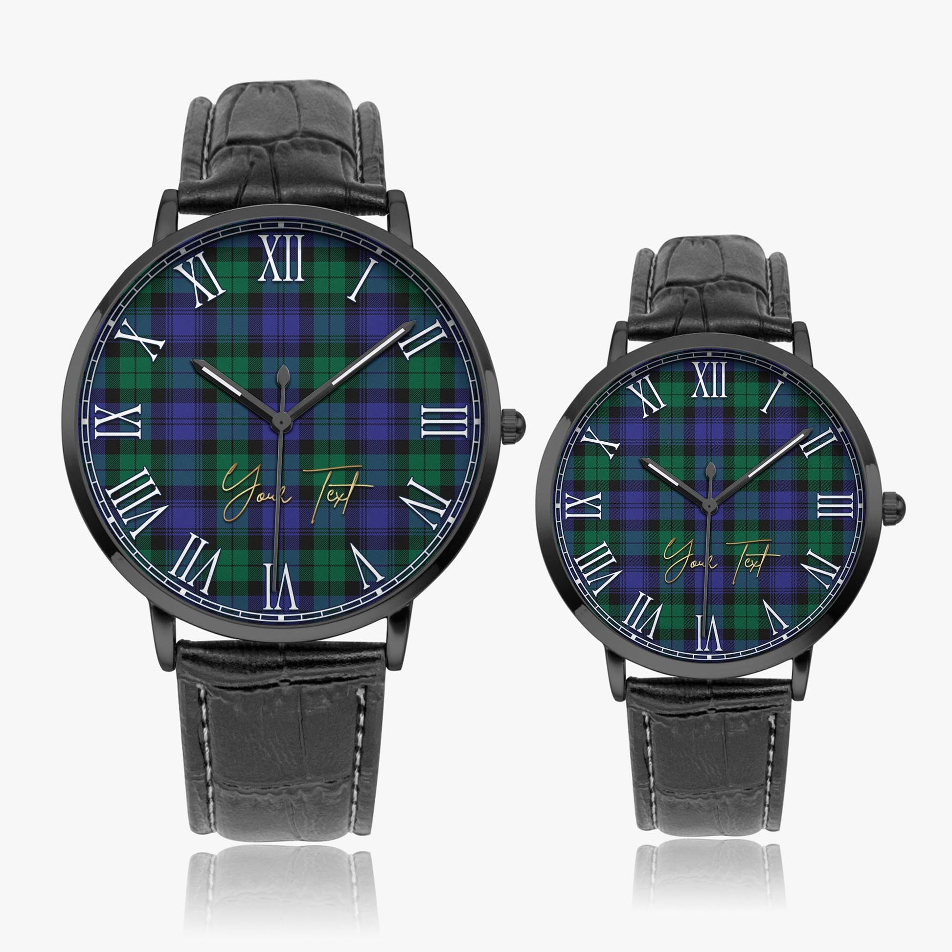 Black Watch Modern Tartan Personalized Your Text Leather Trap Quartz Watch Ultra Thin Black Case With Black Leather Strap - Tartanvibesclothing