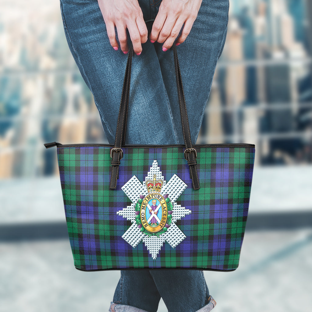 Black Watch Modern Tartan Leather Tote Bag with Family Crest - Tartanvibesclothing