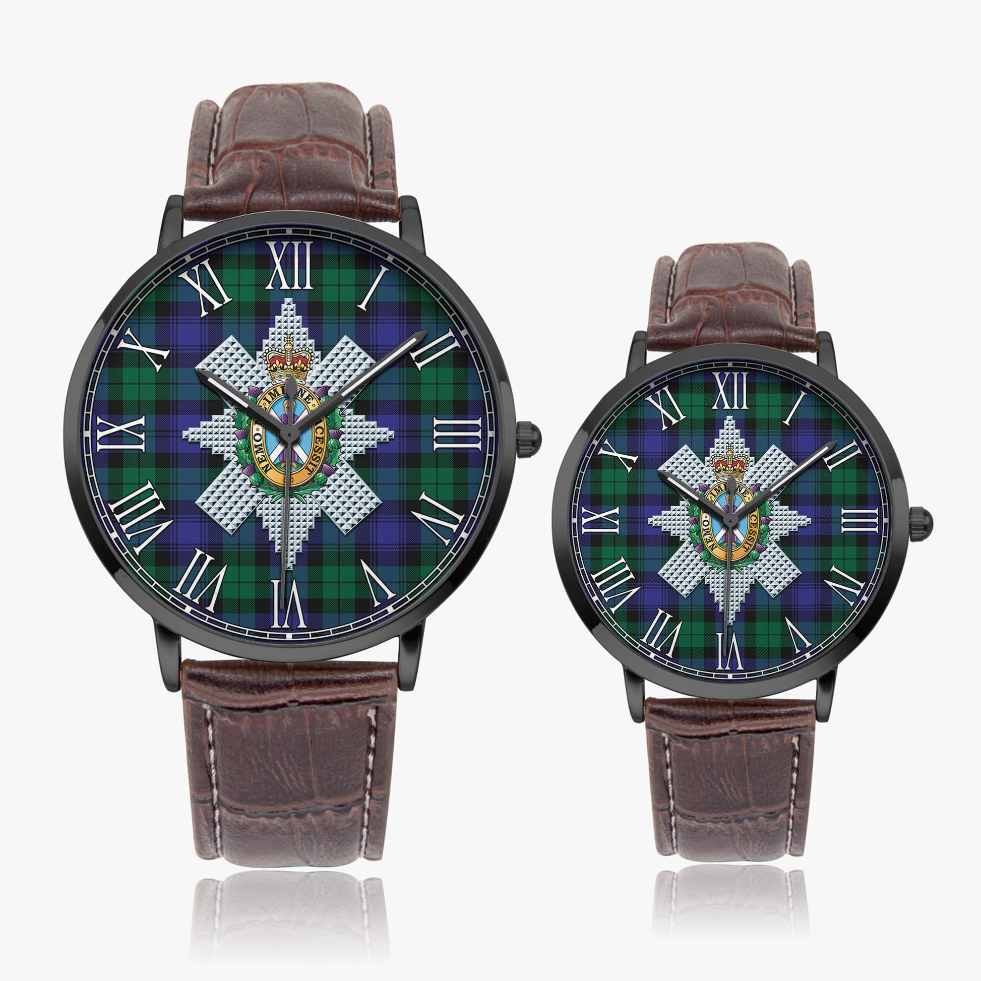 Black Watch Modern Tartan Family Crest Leather Strap Quartz Watch - Tartanvibesclothing