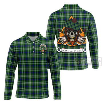 Blackadder Tartan Long Sleeve Polo Shirt with Family Crest and Bearded Skull Holding Bottles of Whiskey Unisex - Tartan Vibes Clothing