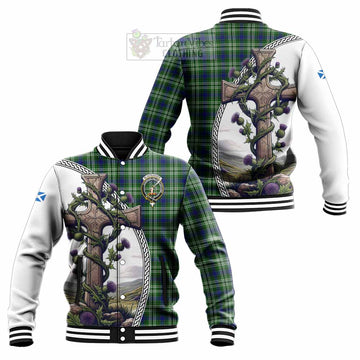 Blackadder Tartan Baseball Jacket with Family Crest and St. Andrew's Cross Accented by Thistle Vines Unisex - Tartan Vibes Clothing