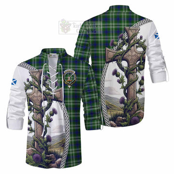 Blackadder Tartan Ghillie Kilt Shirt with Family Crest and St. Andrew's Cross Accented by Thistle Vines Men - Tartan Vibes Clothing