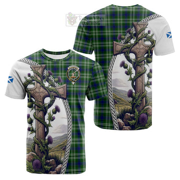 Blackadder Tartan Cotton T-shirt with Family Crest and St. Andrew's Cross Accented by Thistle Vines Kid's Shirt - Tartan Vibes Clothing
