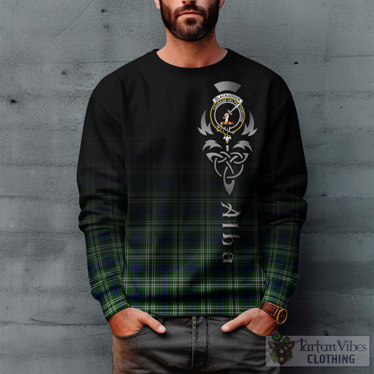 Blackadder Tartan Sweatshirt Featuring Alba Gu Brath Family Crest Celtic Inspired Unisex - Tartan Vibes Clothing