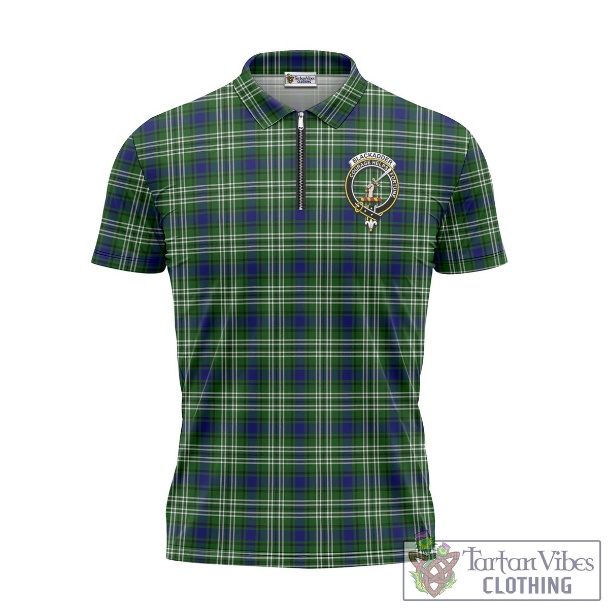 Blackadder Tartan Zipper Polo Shirt with Family Crest Unisex - Tartan Vibes Clothing