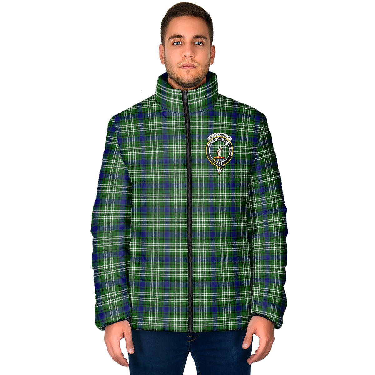Blackadder Tartan Padded Jacket with Family Crest - Tartan Vibes Clothing