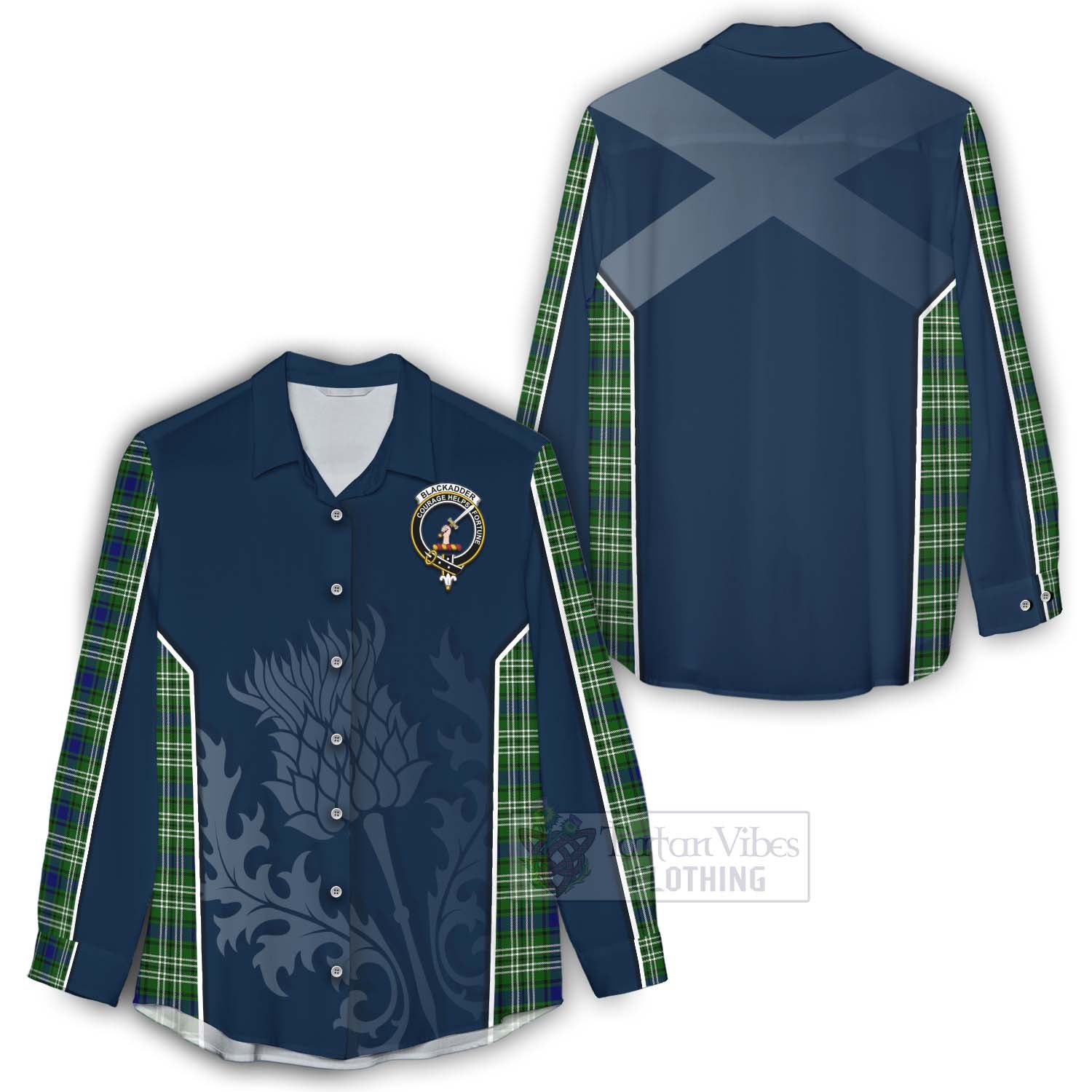 Tartan Vibes Clothing Blackadder Tartan Women's Casual Shirt with Family Crest and Scottish Thistle Vibes Sport Style