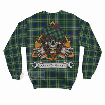 Blackadder Tartan Sweatshirt with Family Crest and Bearded Skull Holding Bottles of Whiskey - Tartan Vibes Clothing