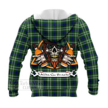 Blackadder Tartan Knitted Hoodie with Family Crest and Bearded Skull Holding Bottles of Whiskey - Tartan Vibes Clothing