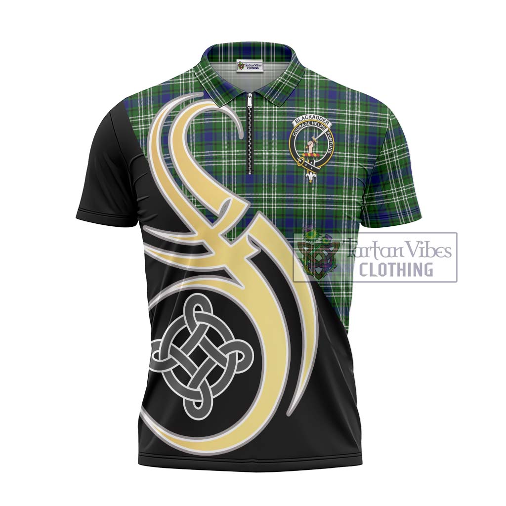 Tartan Vibes Clothing Blackadder Tartan Zipper Polo Shirt with Family Crest and Celtic Symbol Style