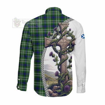 Blackadder Tartan Long Sleeve Button Shirt with Family Crest and St. Andrew's Cross Accented by Thistle Vines Men's Shirt - Tartan Vibes Clothing