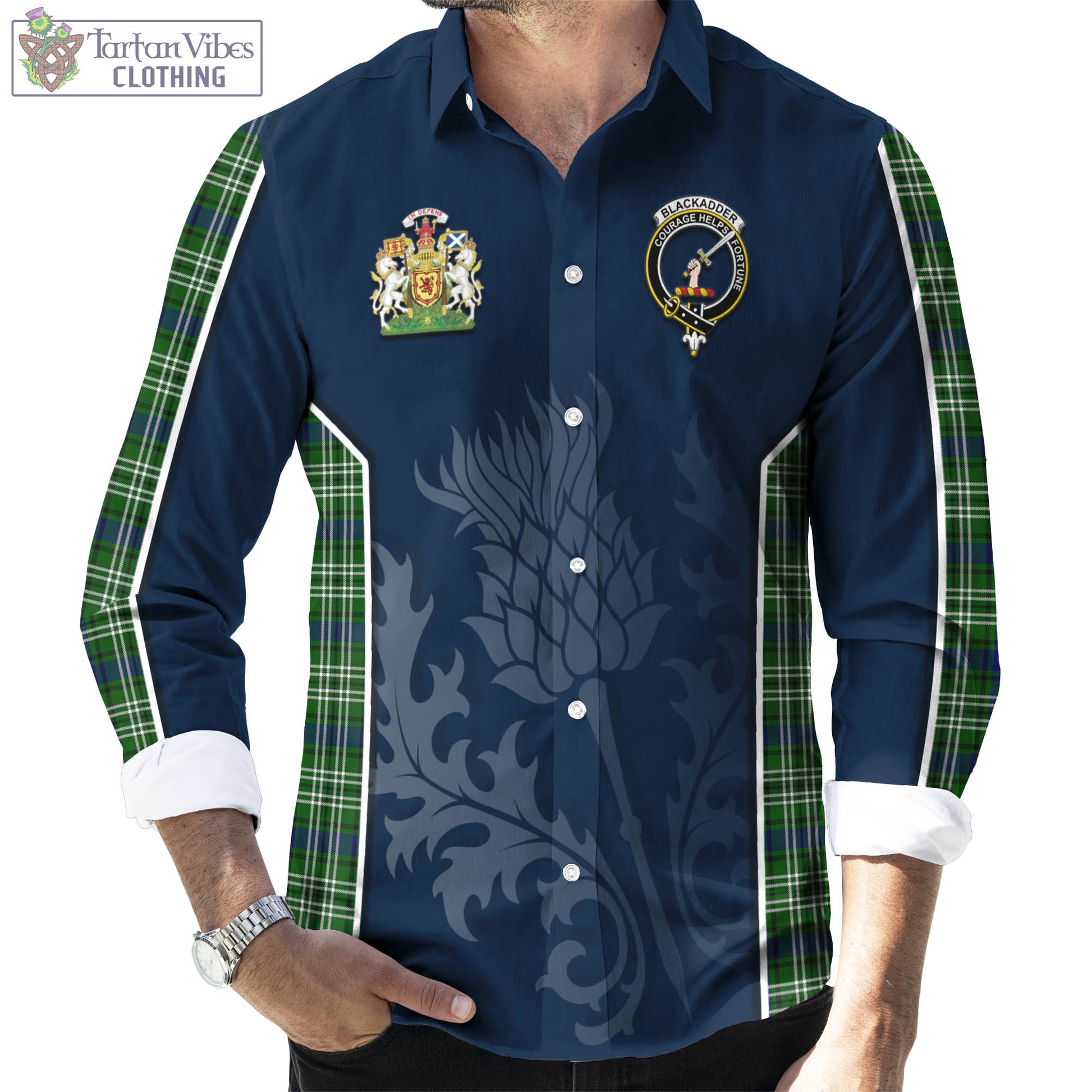 Blackadder Tartan Long Sleeve Button Up Shirt with Family Crest and Scottish Thistle Vibes Sport Style - Tartan Vibes Clothing