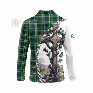 Blackadder Tartan Long Sleeve Polo Shirt with Family Crest and St. Andrew's Cross Accented by Thistle Vines - Tartan Vibes Clothing
