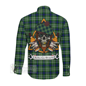 Blackadder Tartan Long Sleeve Button Shirt with Family Crest and Bearded Skull Holding Bottles of Whiskey Men's Shirt - Tartan Vibes Clothing