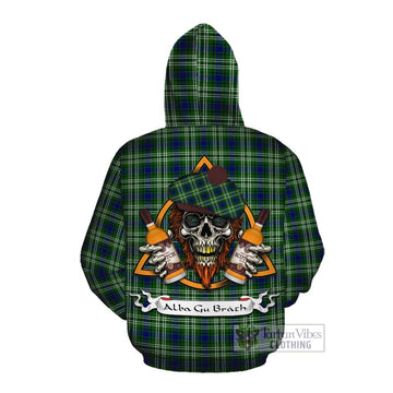 Blackadder Tartan Cotton Hoodie with Family Crest and Bearded Skull Holding Bottles of Whiskey Pullover Hoodie - Tartan Vibes Clothing